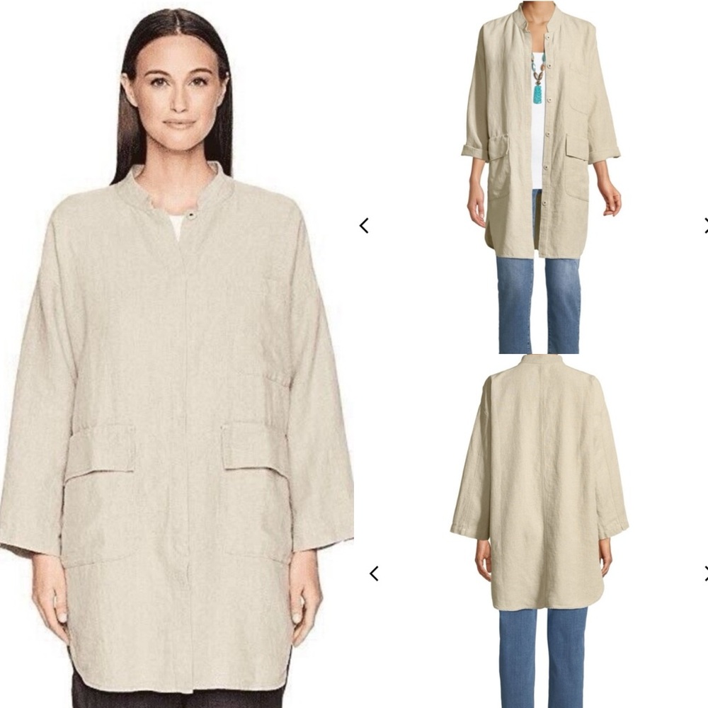 EILEEN FISHER 100% Organic Linen Neutral Mandarin-Collar Jacket women’s size XL